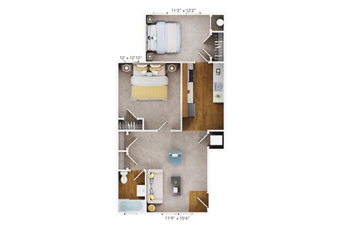 Floor plan for 2 beds, 1 bath, 687 sqft